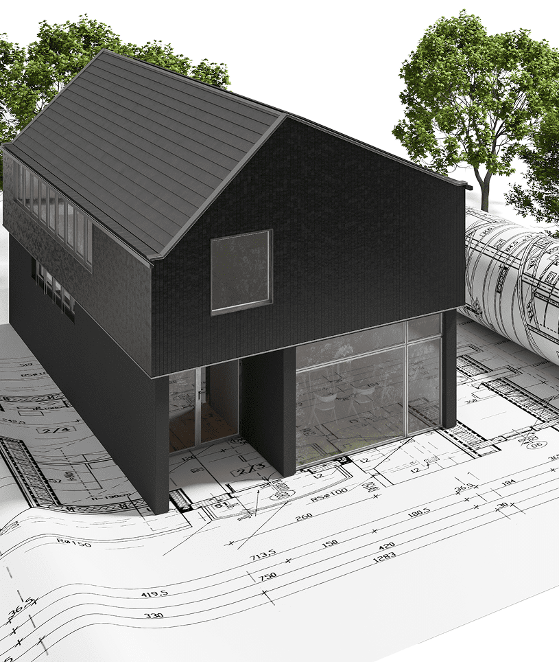 Black house design with blueprints